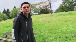 skinny brunette twink cums all over himself after sex